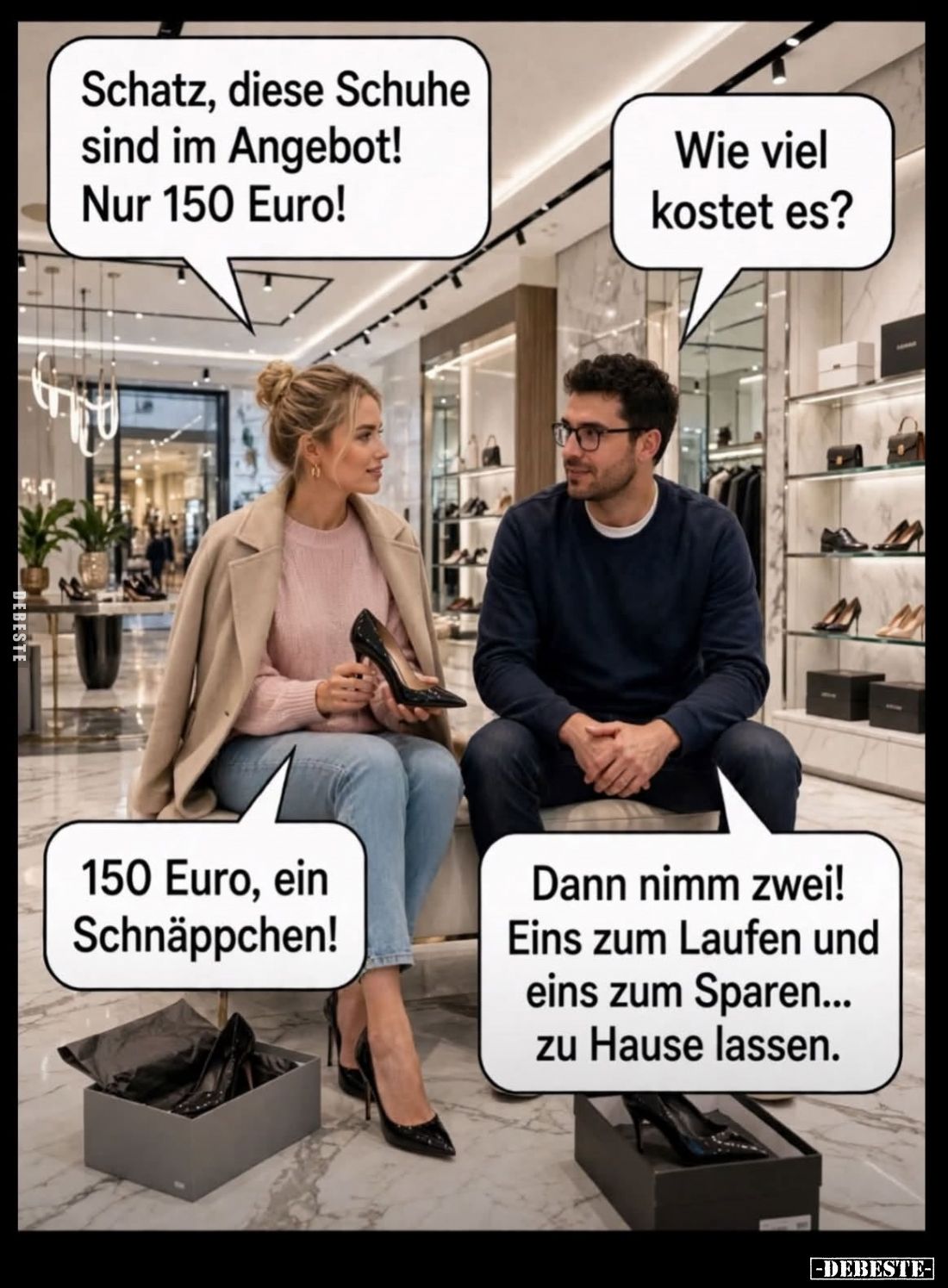 Schatz, diese Schuhe sind im Angebot! Nur 150 Euro! -
Wie viel kostet es? -
150 Euro, ein Schnäppchen! -
Dann nimm zwei! E...