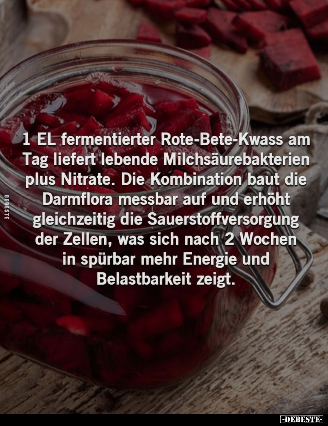 1 EL fermentierter Rote-Bete-Kwass am Tag liefert lebende Milchsäurebakterien plus Nitrate.
Die Kombination baut die Darmflo...