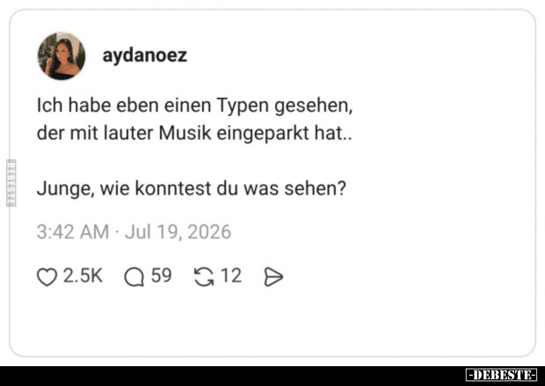Ich habe eben einen Typen gesehen, der mit lauter Musik eingeparkt hat..
Junge, wie konntest du was sehen?