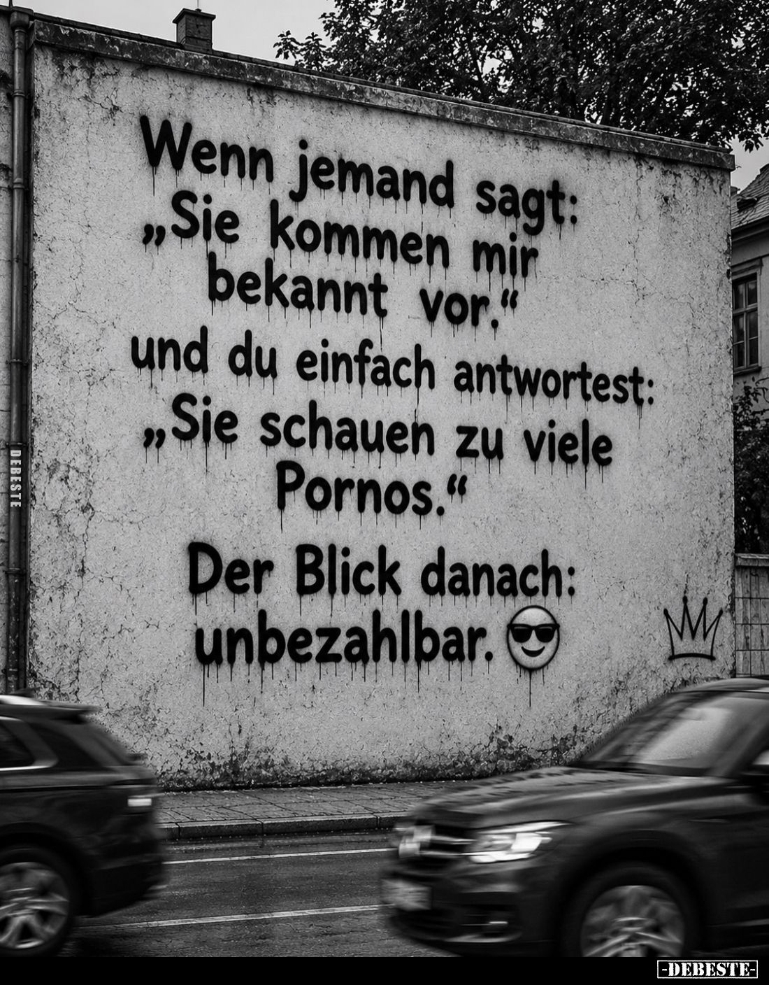 Wenn jemand sagt:
„Sie kommen mir bekannt vor.“
und du einfach antwortest:
„Sie schauen zu viele Pornos.“
Der Blick danac...