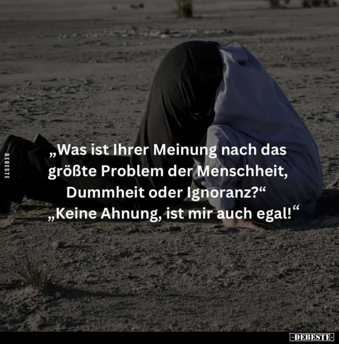 „Was ist Ihrer Meinung nach das größte Problem der Menschheit, Dummheit oder Ignoranz?"
„Keine Ahnung, ist mir auch ega...