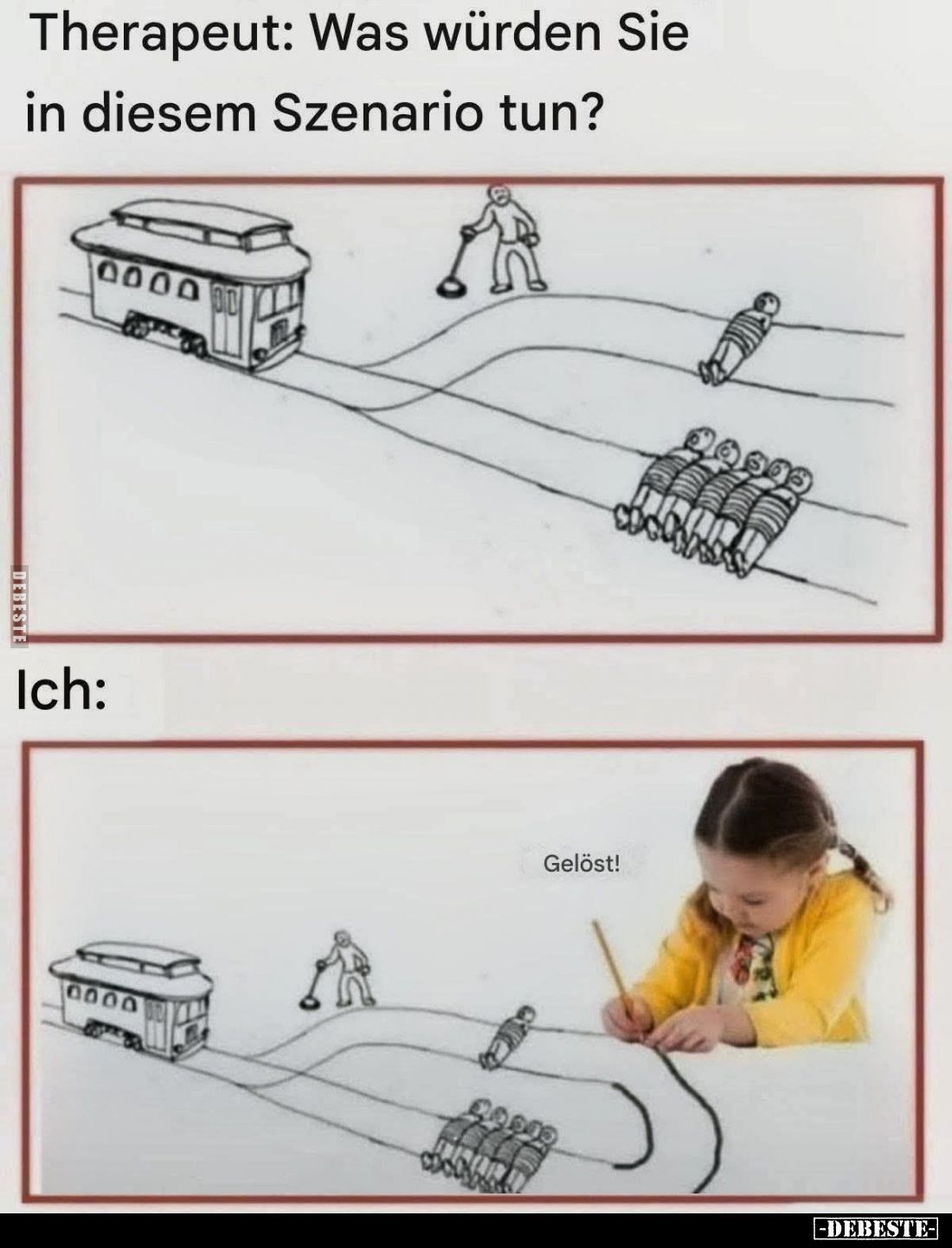 Therapeut: Was würden Sie in diesem Szenario tun?

Ich:

Gelöst!