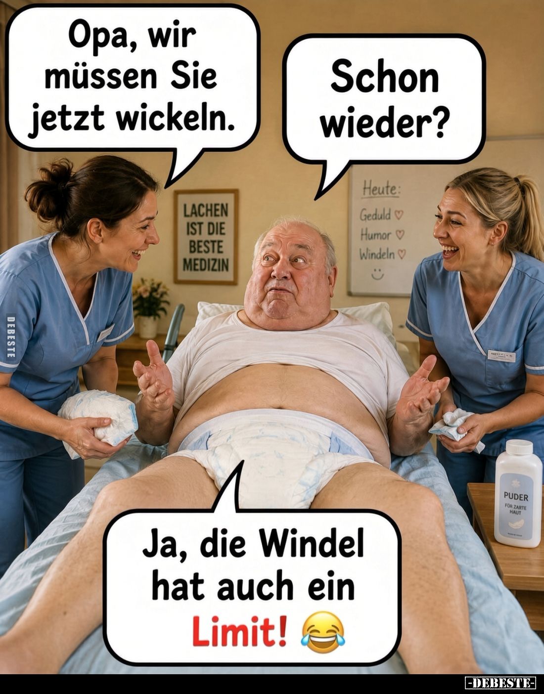 Opa, wir müssen Sie jetzt wickeln. -
Schon wieder?
-
Ja, die Windel hat auch ein Limit!