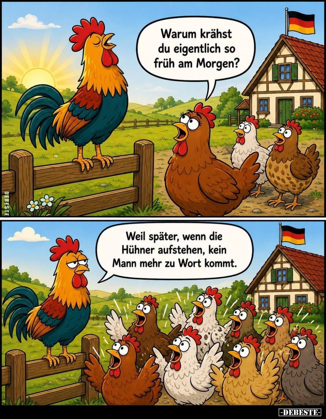 Warum krähst du eigentlich so früh am Morgen?
-
Weil später, wenn die Hühner aufstehen, kein Mann mehr zu Wort kommt.