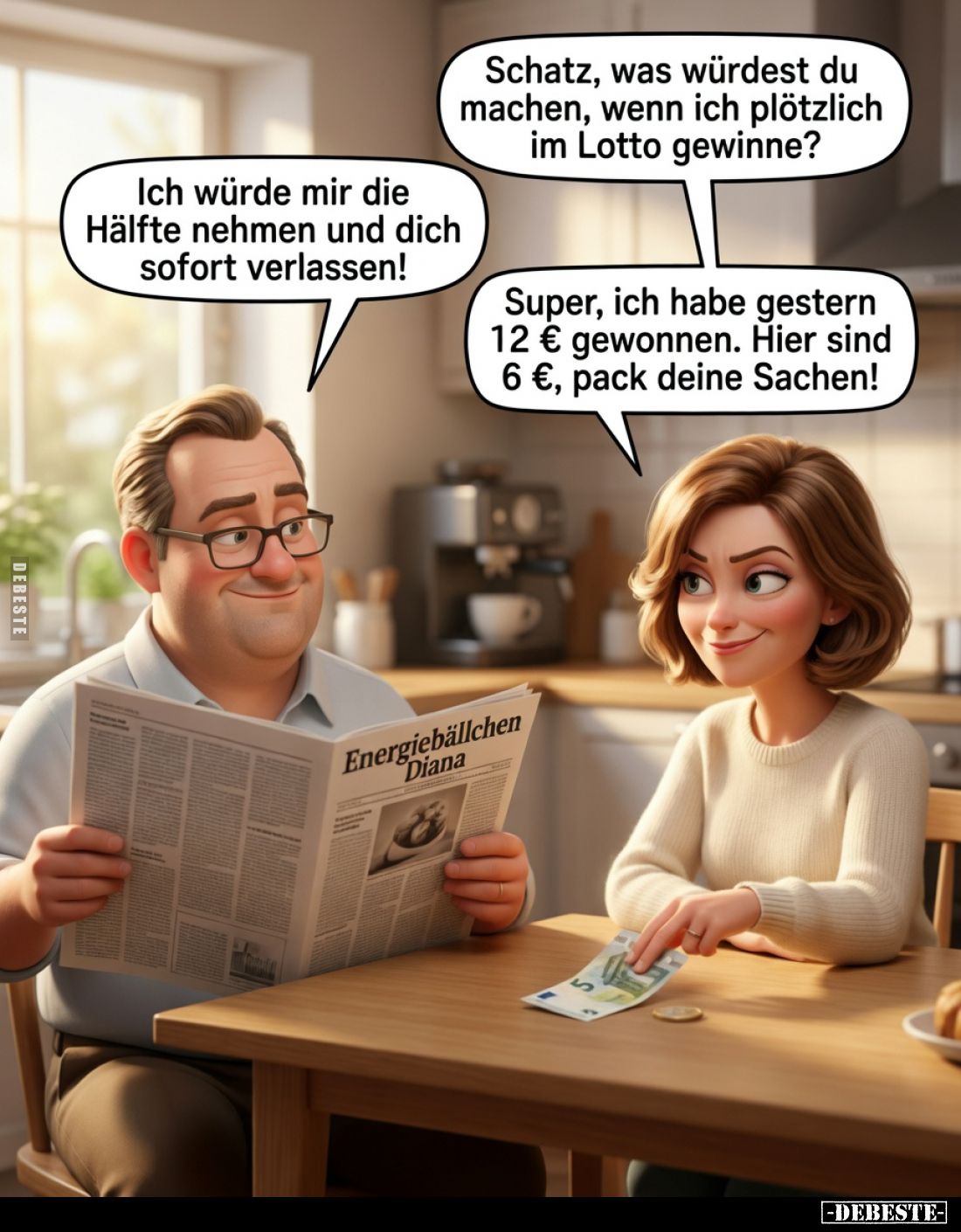 Schatz, was würdest du machen, wenn ich plötzlich im Lotto gewinne?

Ich würde mir die Hälfte nehmen und dich sofort verlas...
