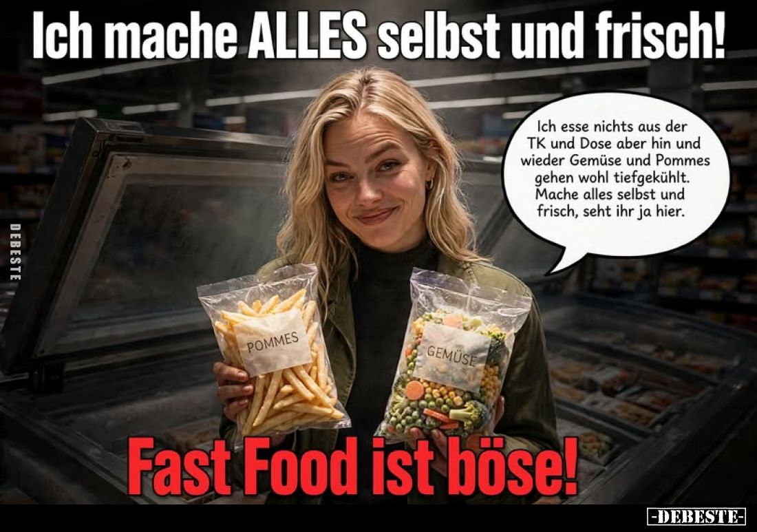 Ich mache ALLES selbst und frisch!

Ich esse nichts aus der TK und Dose aber hin und wieder Gemüse und Pommes gehen wohl ti...