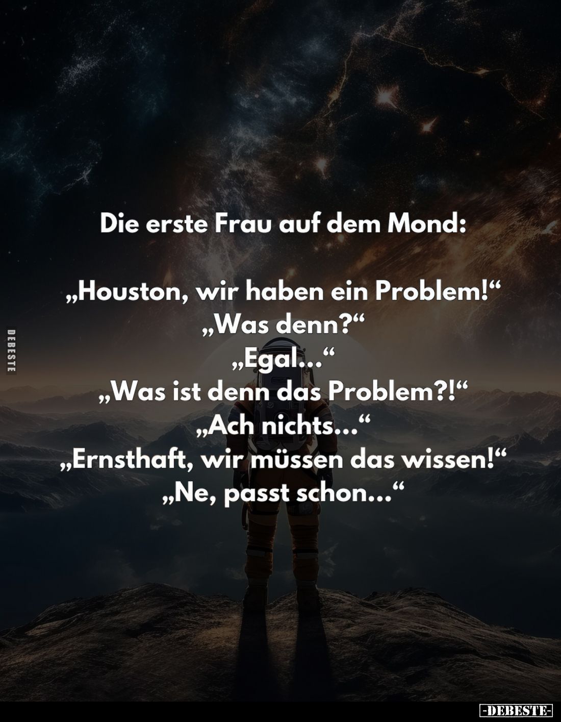 Die erste Frau auf dem Mond:
"Houston, wir haben ein Problem!" -
"Was denn?" -
"Egal..." -
...