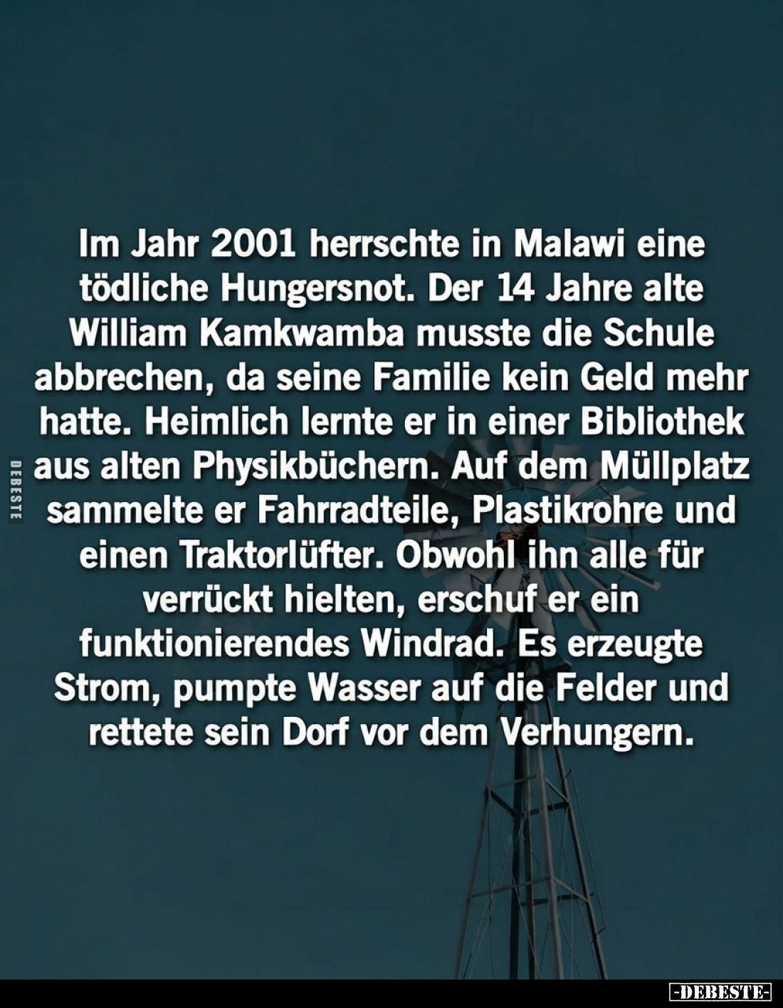Im Jahr 2001 herrschte in Malawi eine tödliche Hungersnot. Der 14 Jahre alte William Kamkwamba musste die Schule abbrechen, d...