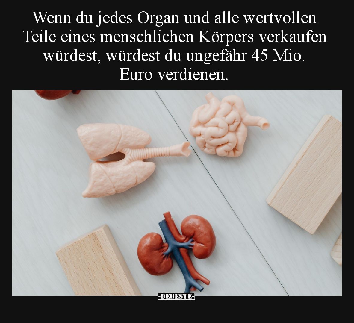 Wenn du jedes Organ und alle wertvollen Teile eines menschlichen Körpers verkaufen würdest, würdest du ungefähr 45 Mio. Euro ...