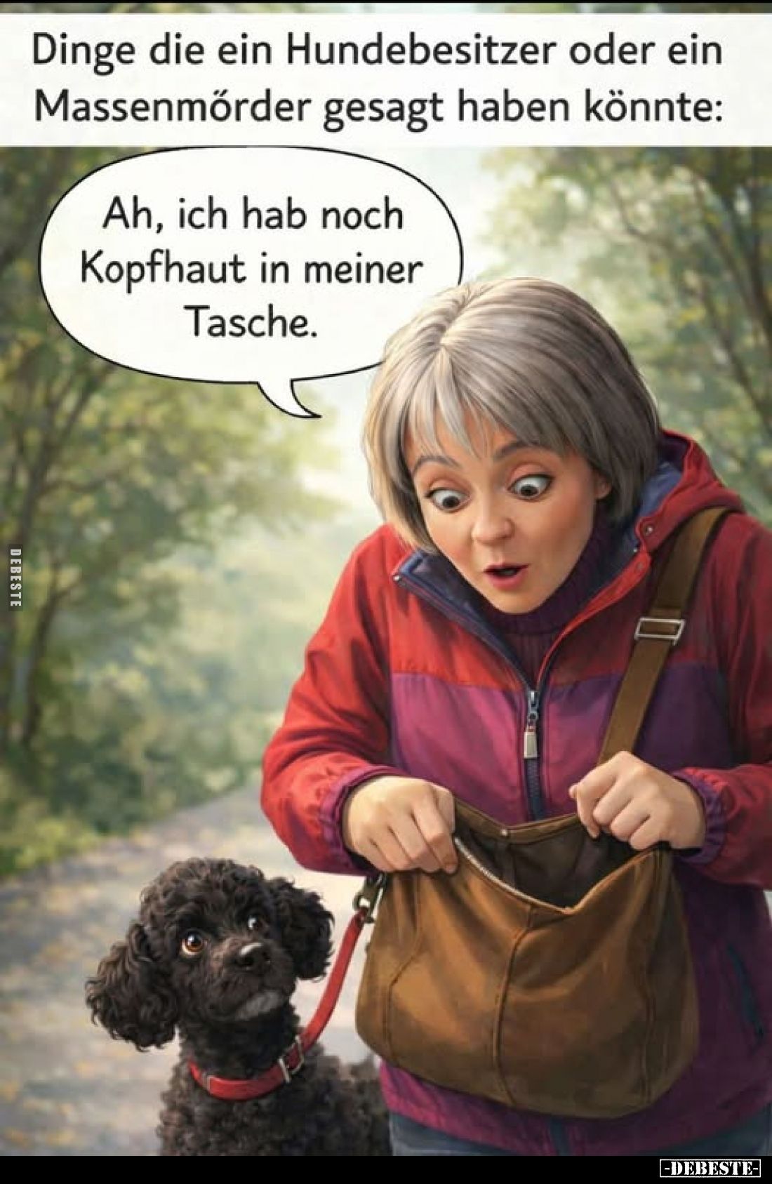 Dinge die ein Hundebesitzer oder ein Massenmörder gesagt haben könnte:
Ah, ich hab noch Kopfhaut in meiner Tasche.