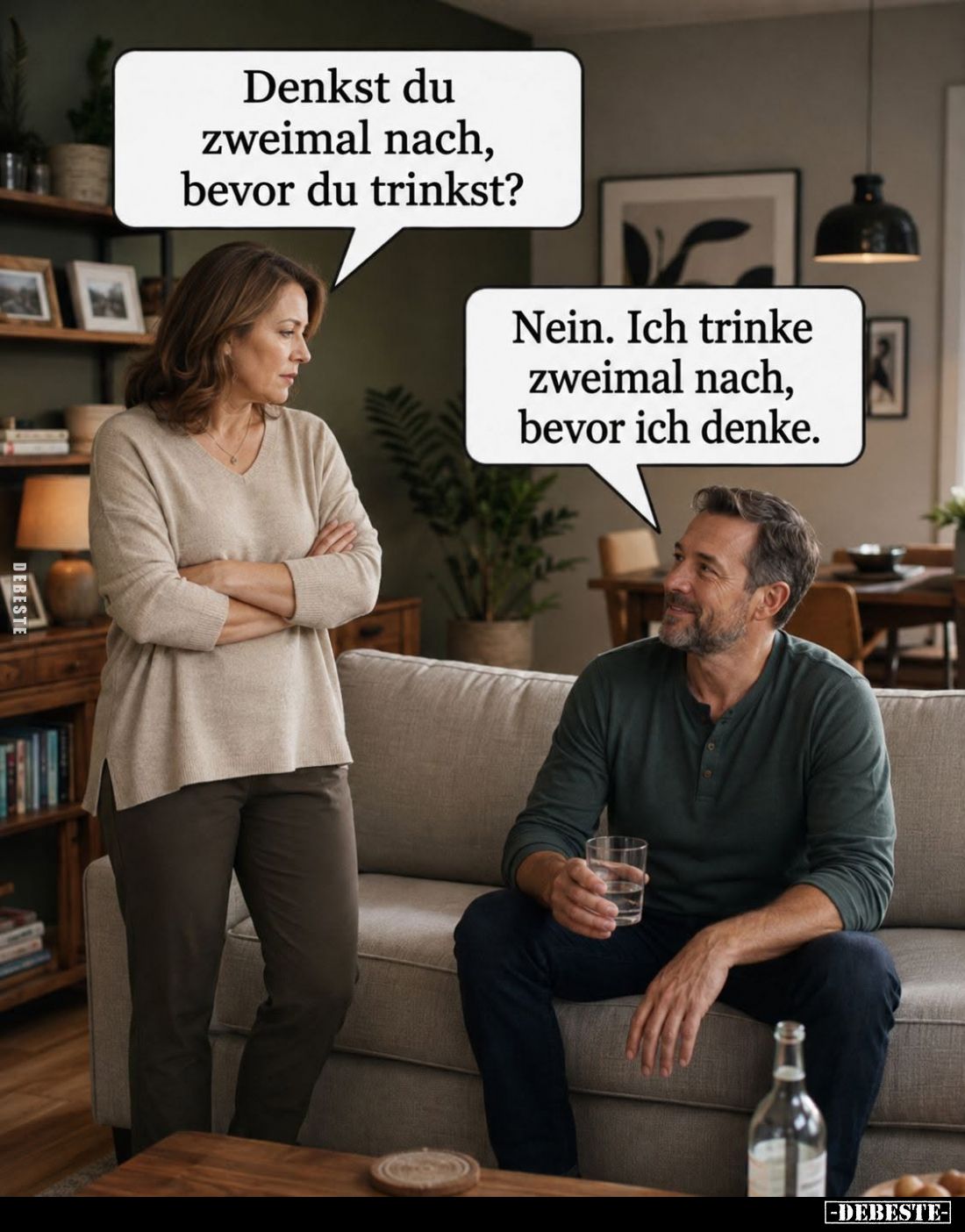 Denkst du zweimal nach, bevor du trinkst? -
Nein. Ich trinke zweimal nach, bevor ich denke.