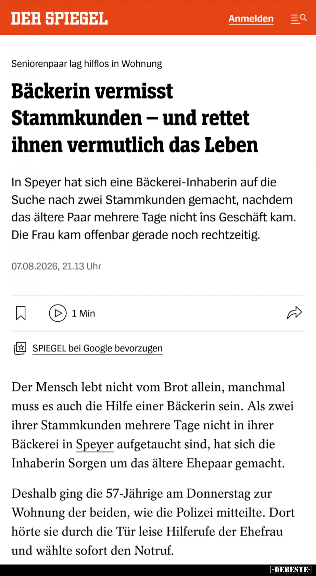 Seniorenpaar lag hilflos in Wohnung.

 Bäckerin vermisst Stammkunden - und rettet ihnen vermutlich das Leben In Speyer hat ...