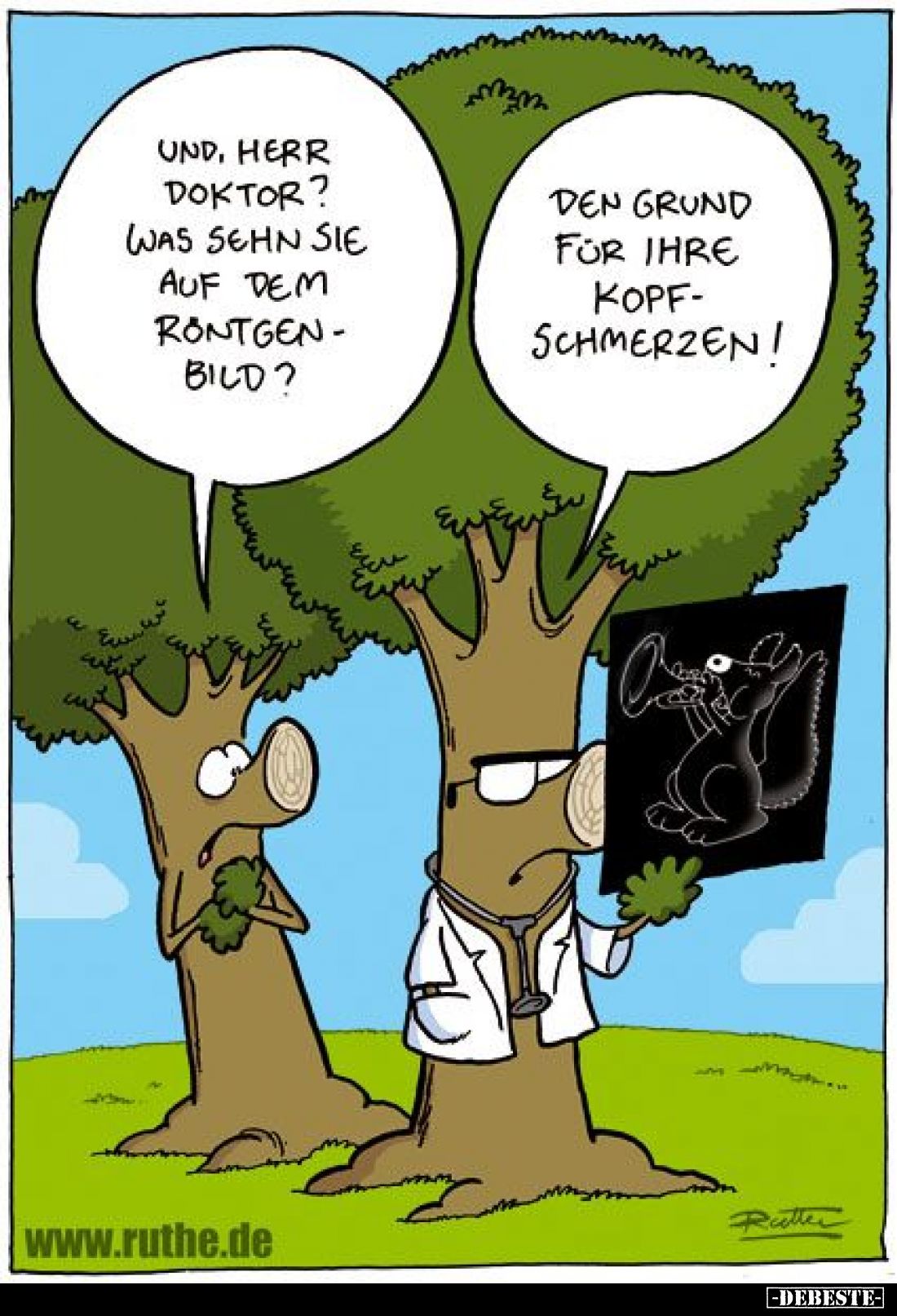 Und, Herr Doktor? Was sehn Sie auf dem Röntgen-Bild? -
Den Grund für Ihre Kopf-Schmerzen!