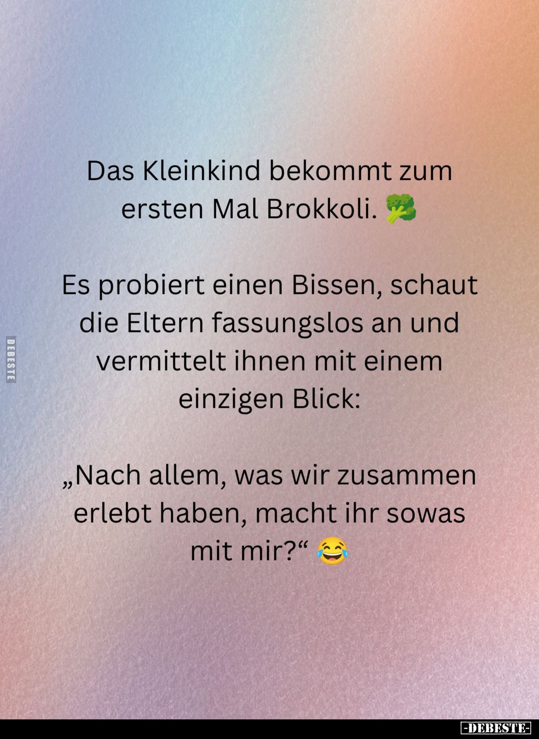 Das Kleinkind bekommt zum ersten Mal Brokkoli. -
Es probiert einen Bissen, schaut die Eltern fassungslos an und vermittelt i...