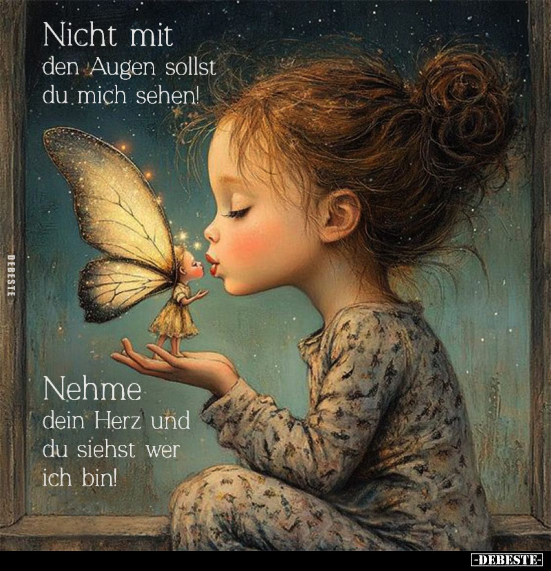 Nicht mit den Augen sollst du mich sehen!
Nehme dein Herz und du siehst wer ich bin!