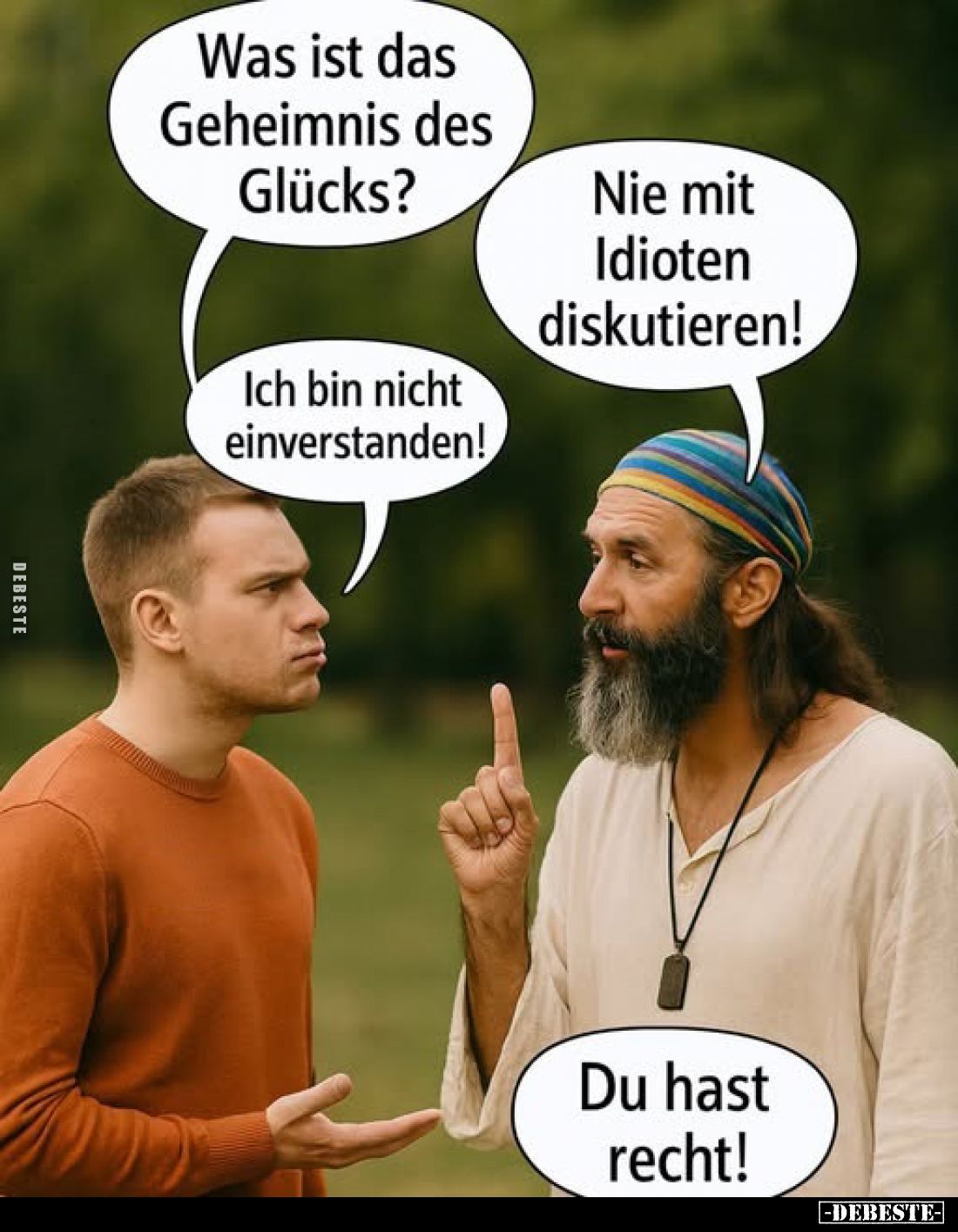 Was ist das Geheimnis des Glücks?
-
Nie mit Idioten diskutieren!
-
Ich bin nicht einverstanden!
-
Du hast recht!