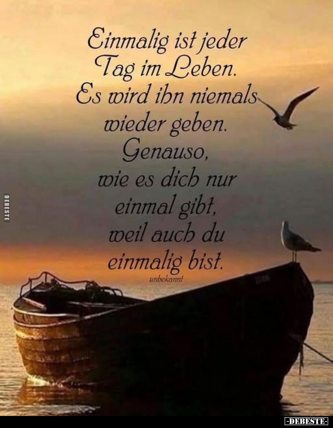 Einmalig ist jeder Tag im Leben.
Es wird ihn niemals wieder geben. Genauso, wie es dich nur einmal gibt, weil auch du einmal...