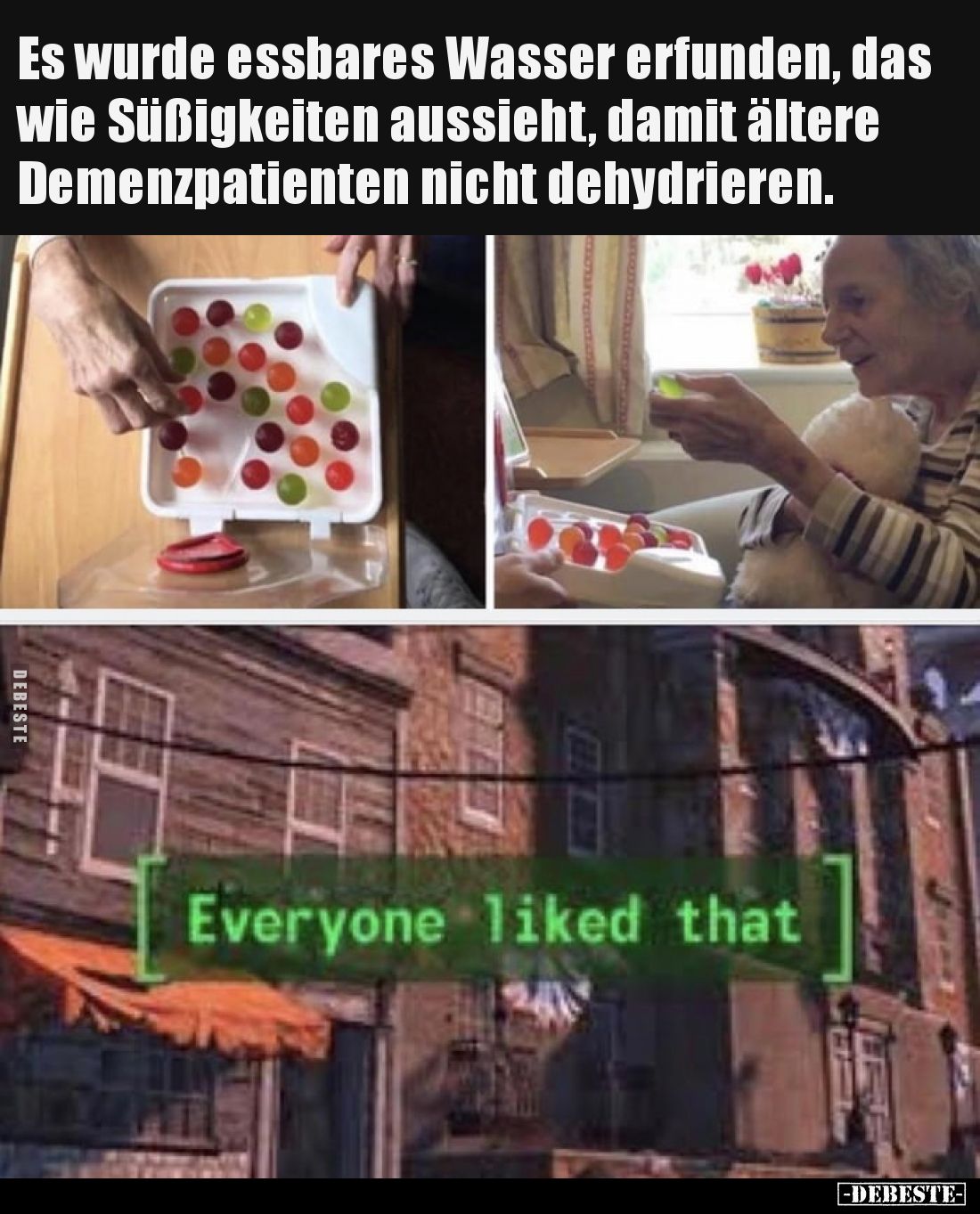 Es wurde essbares Wasser erfunden, das wie Süßigkeiten aussieht, damit ältere Demenzpatienten nicht dehydrieren.