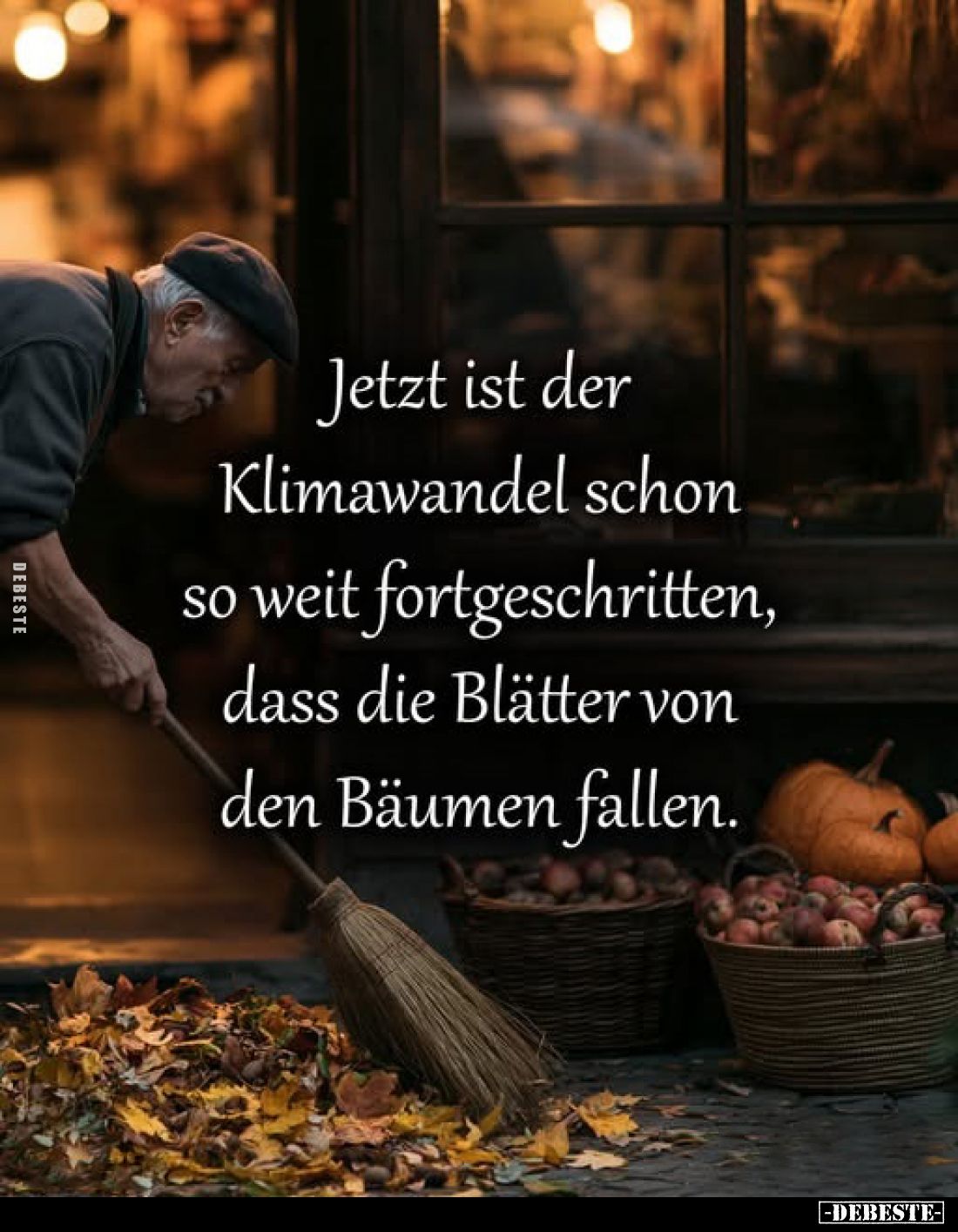 Jetzt ist der Klimawandel schon so weit fortgeschritten, dass die Blätter von den Bäumen fallen.