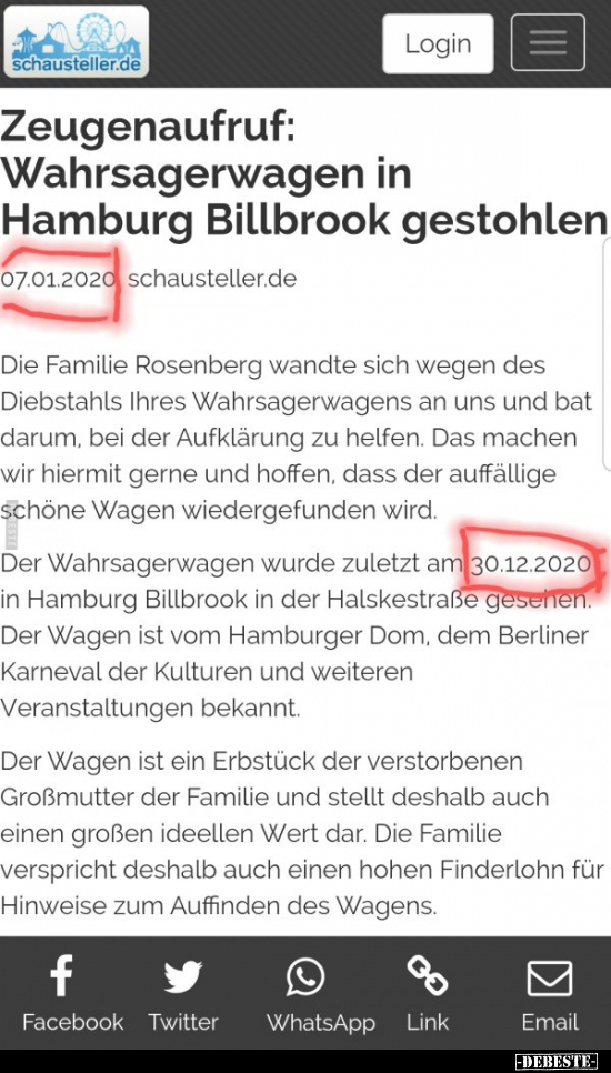 Zeugenaufruf: Wahrsagerwagen in Hamburg Billbrook..