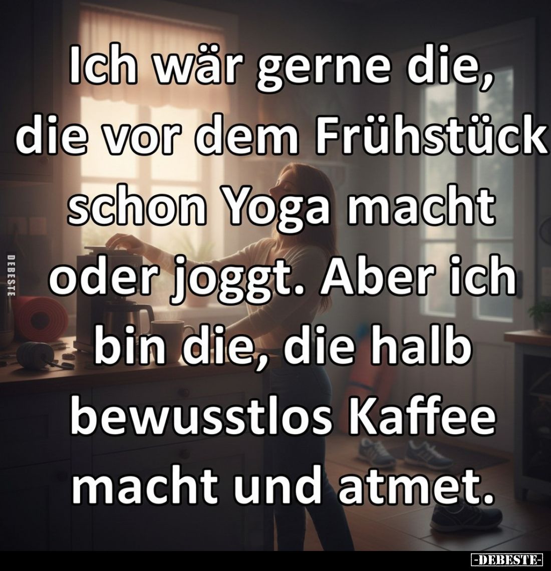 Ich wär gerne die, die vor dem Frühstück schon Yoga macht oder joggt. Aber ich bin die, die halb bewusstlos Kaffee macht und ...