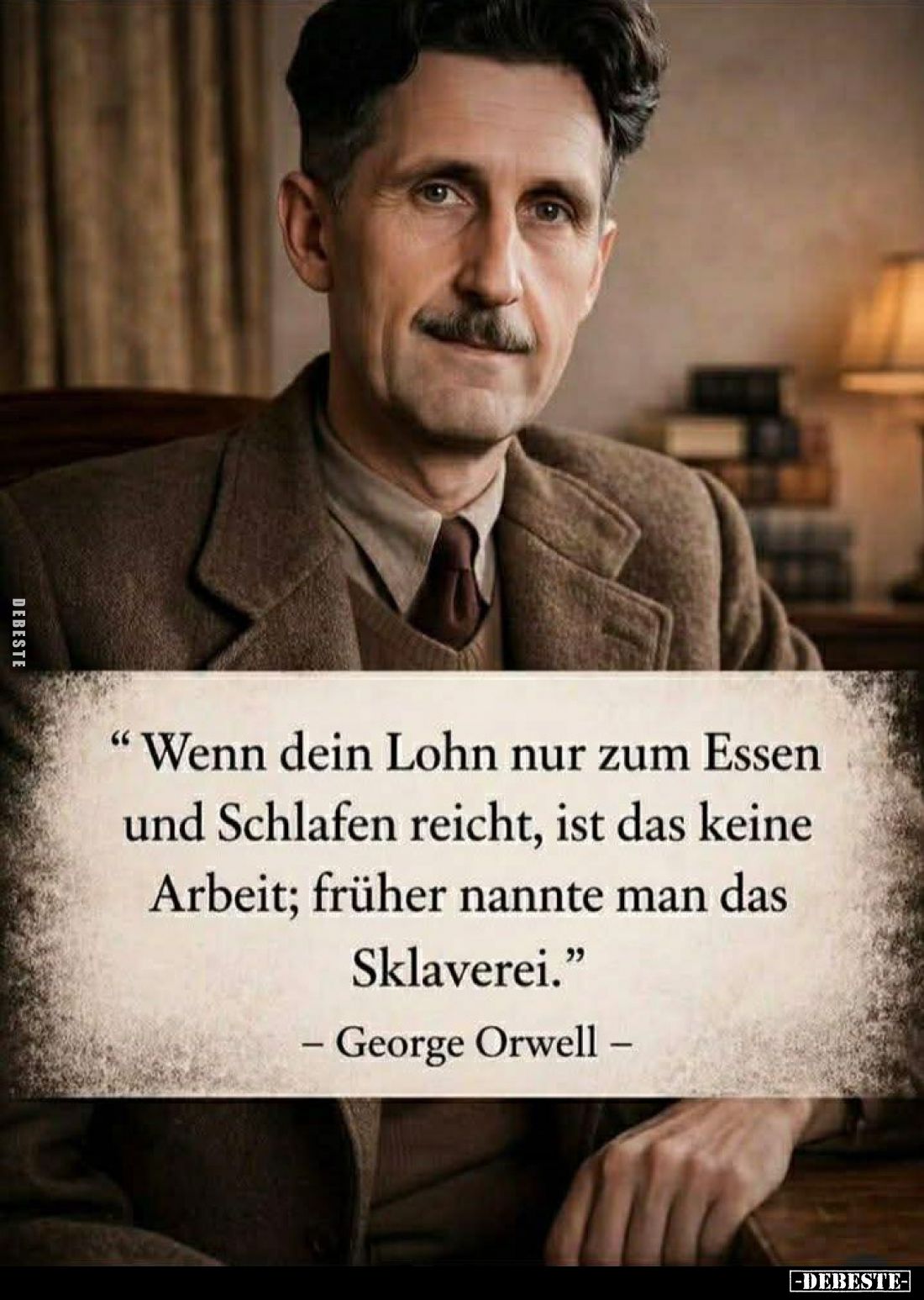 „Wenn dein Lohn nur zum Essen und Schlafen reicht, ist das keine Arbeit; früher nannte man das Sklaverei.“
– George Orwell –