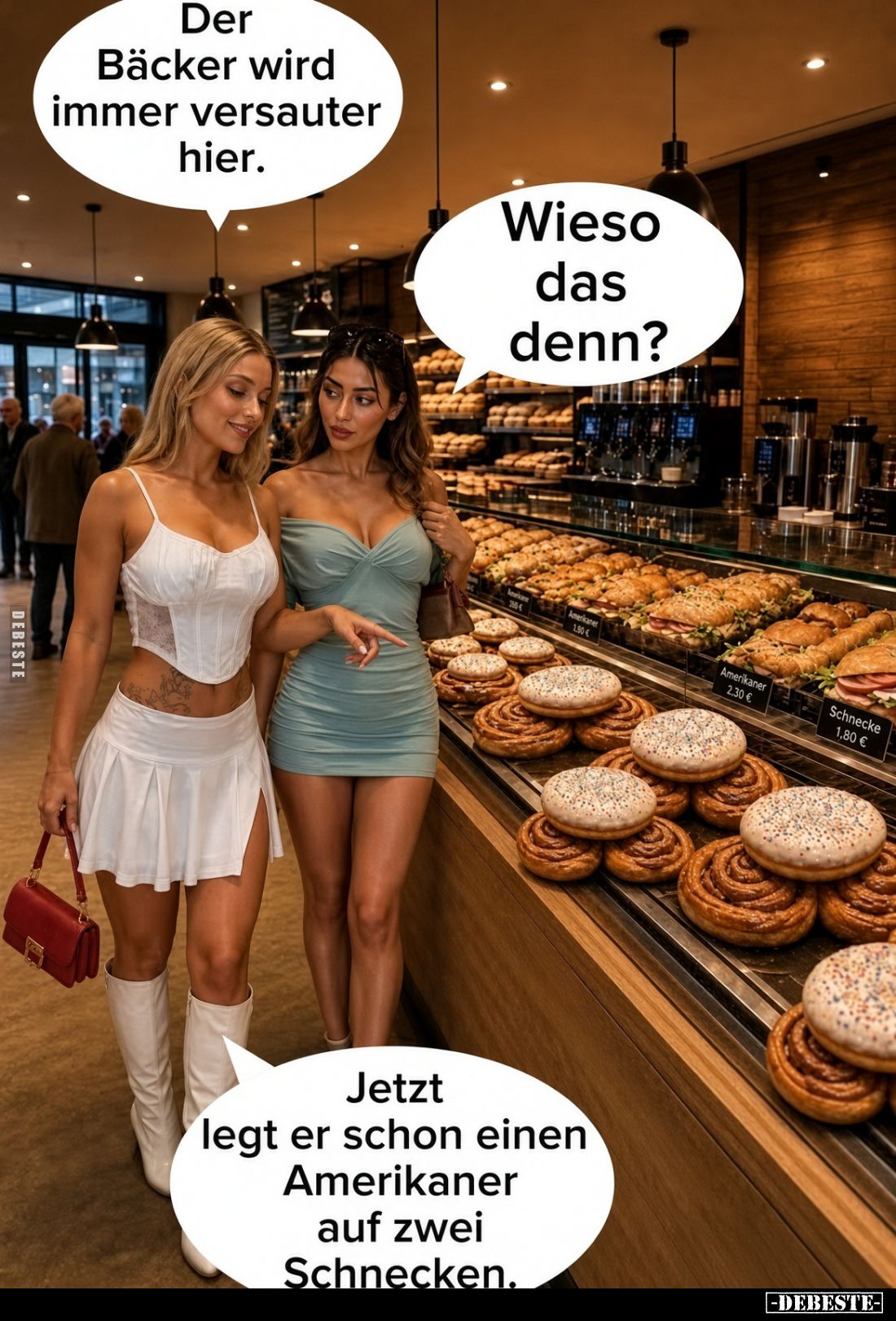 Der Bäcker wird immer versauter hier.
-
Wieso das denn?
-
Jetzt legt er schon einen Amerikaner auf zwei Schnecken.