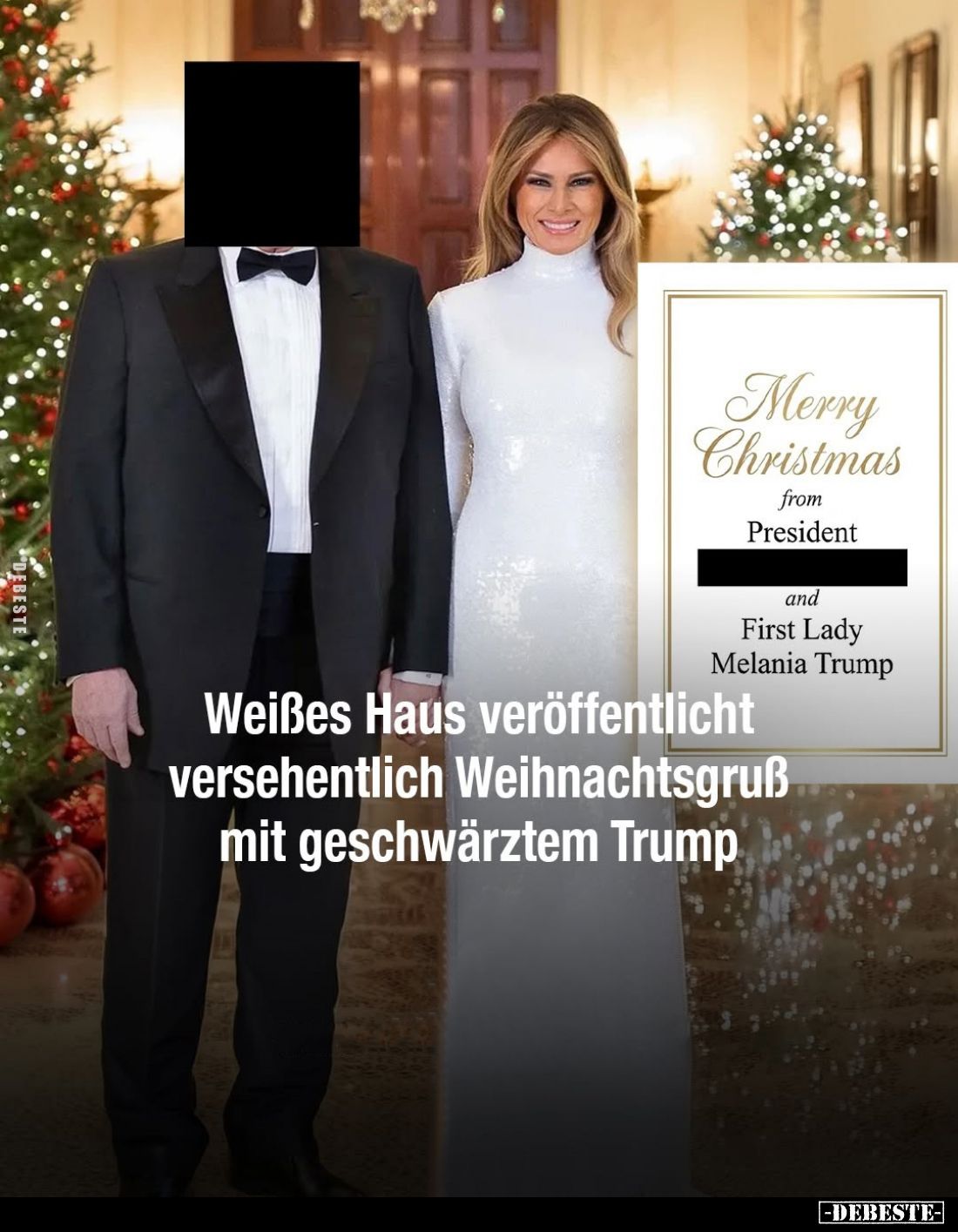 Weißes Haus veröffentlicht versehentlich Weihnachtsgruß mit geschwärztem Trump.