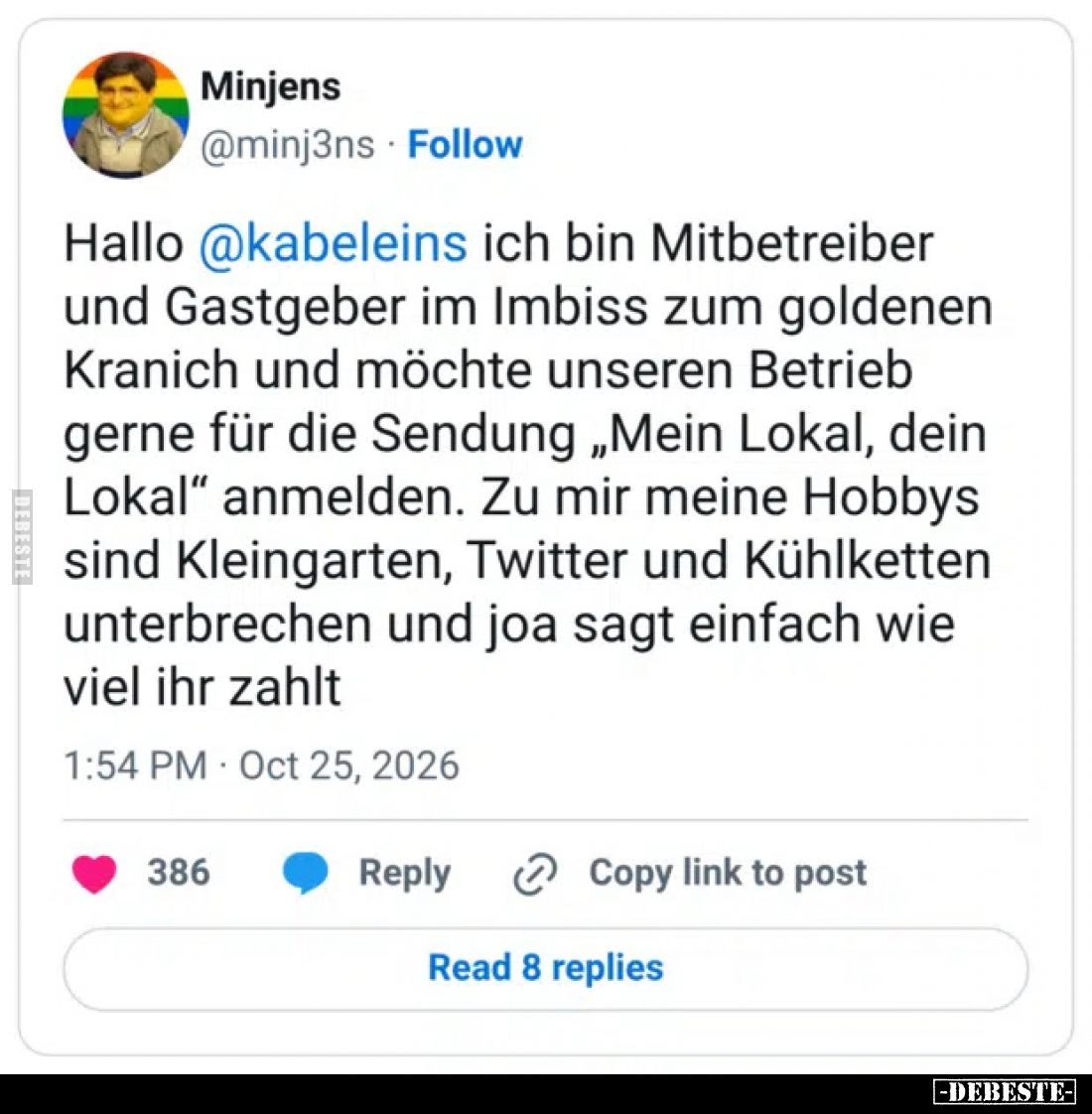Hallo @kabeleins ich bin Mitbetreiber und Gastgeber im Imbiss zum goldenen Kranich und möchte unseren Betrieb gerne für die S...