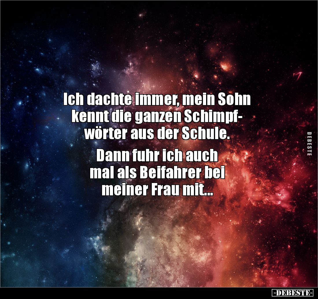 Ich dachte immer, mein Sohn 
kennt die ganzen Schimpf-
wörter aus der Schule. 

Dann fuhr ich auch 
mal als Beifahrer be...