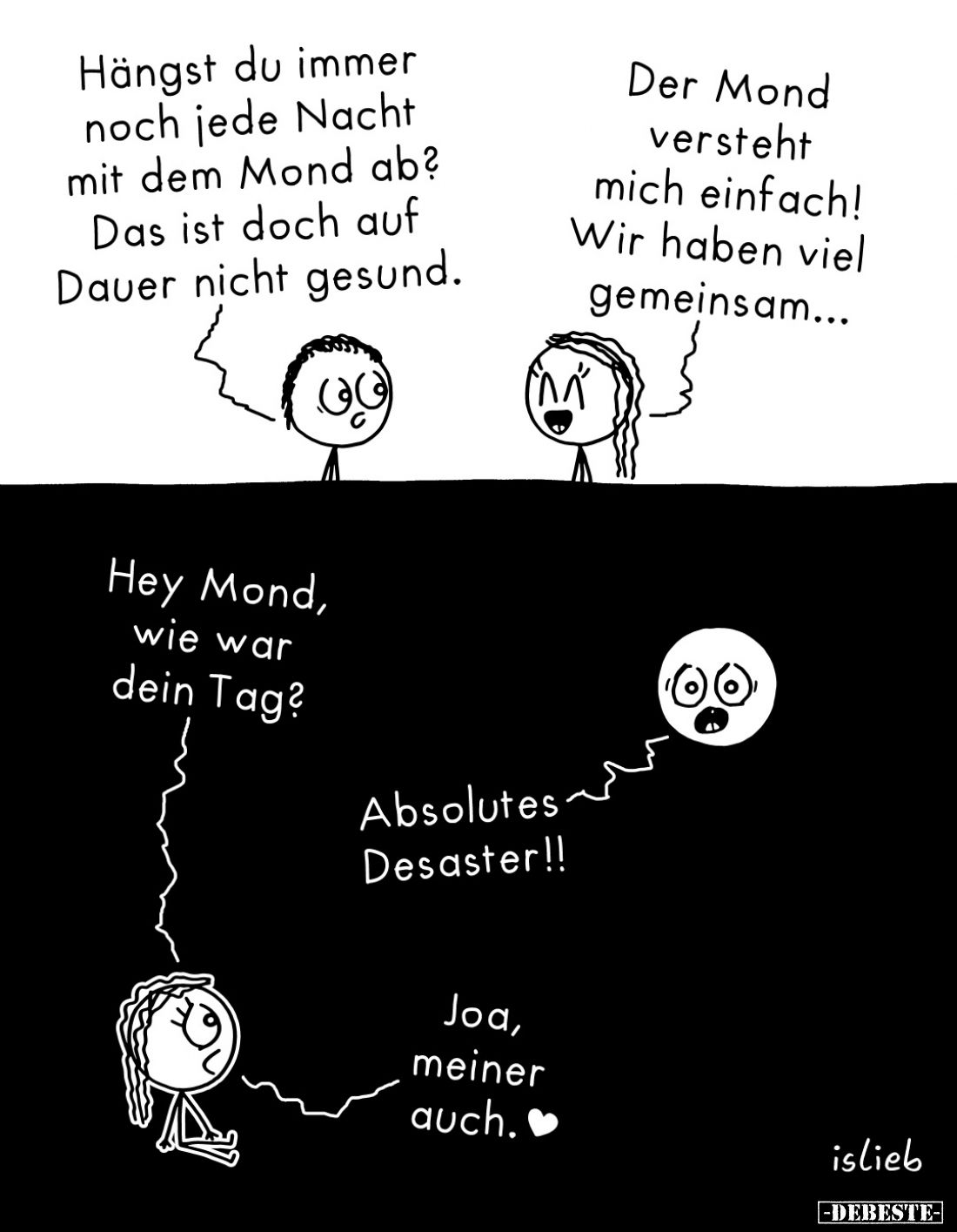 Hängst du immer noch jede Nacht mit dem Mond ab?
Das ist doch auf Dauer nicht gesund.
-
Der Mond versteht mich einfach! Wi...