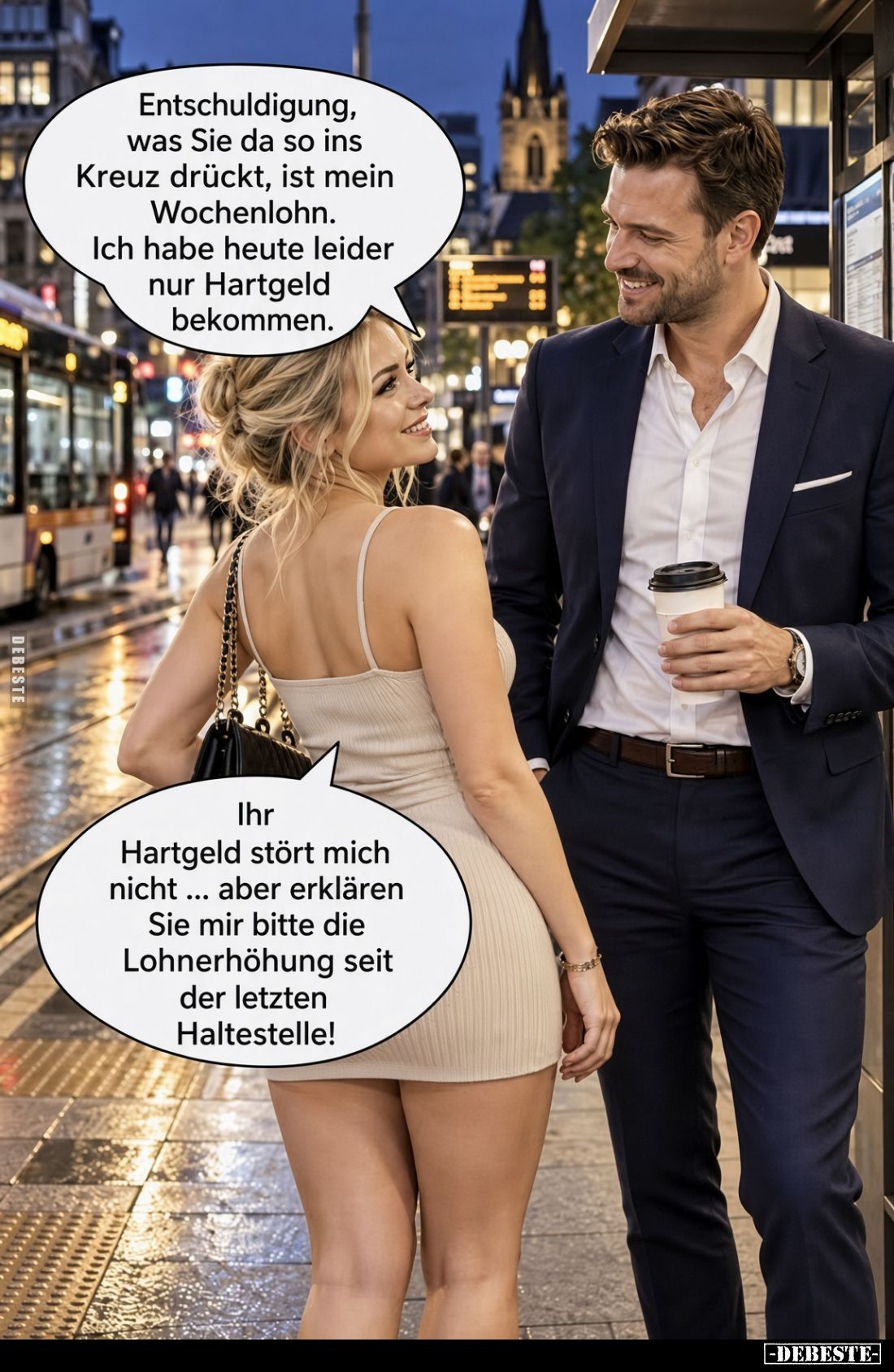 Entschuldigung,
was Sie da so ins
Kreuz drückt, ist mein
Wochenlohn.
Ich habe heute leider
nur Hartgeld
bekommen.

Ih...