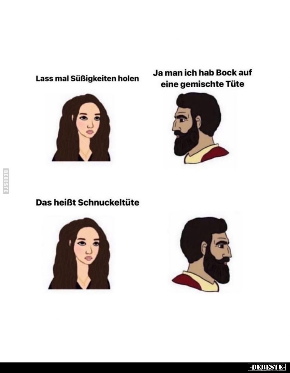 Lass mal Süßigkeiten holen. -
Ja Man ich hab Bock auf eine gemischte Tüte. -
Das heißt Schnuckeltüte.