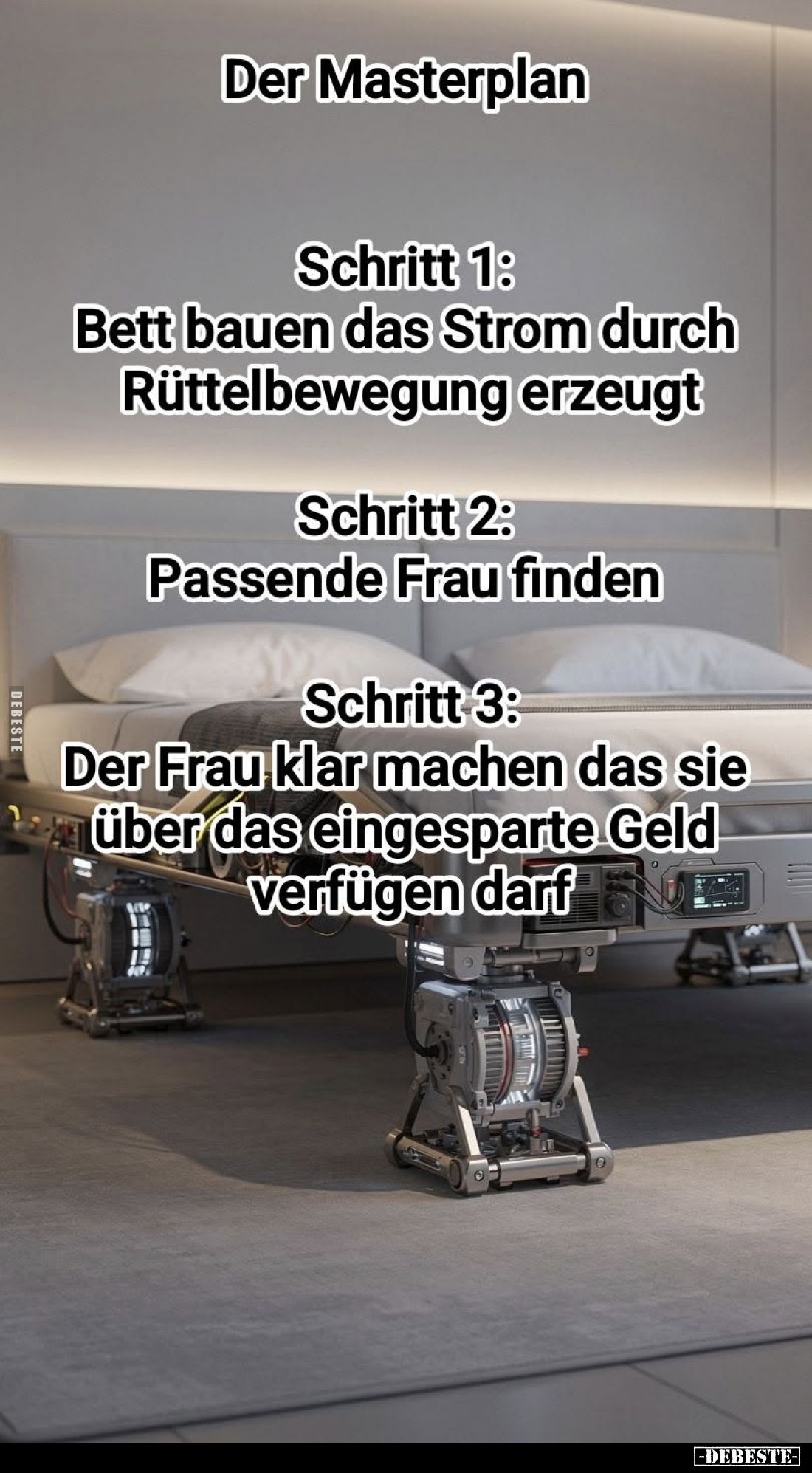 Der Masterplan. -
Schritt 1: Bett bauen das Strom durch Rüttelbewegung erzeugt. -
Schritt 2: Passende Frau finden. -
Schri...