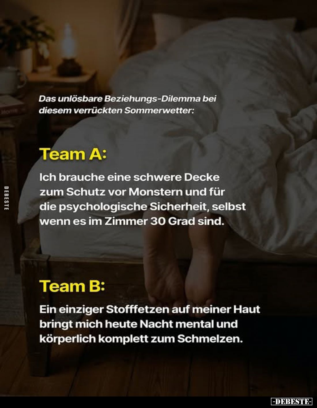 Das unlösbare Beziehungs-Dilemma bei diesem verrückten Sommerwetter: -
Team A:
Ich brauche eine schwere Decke zum Schutz vo...