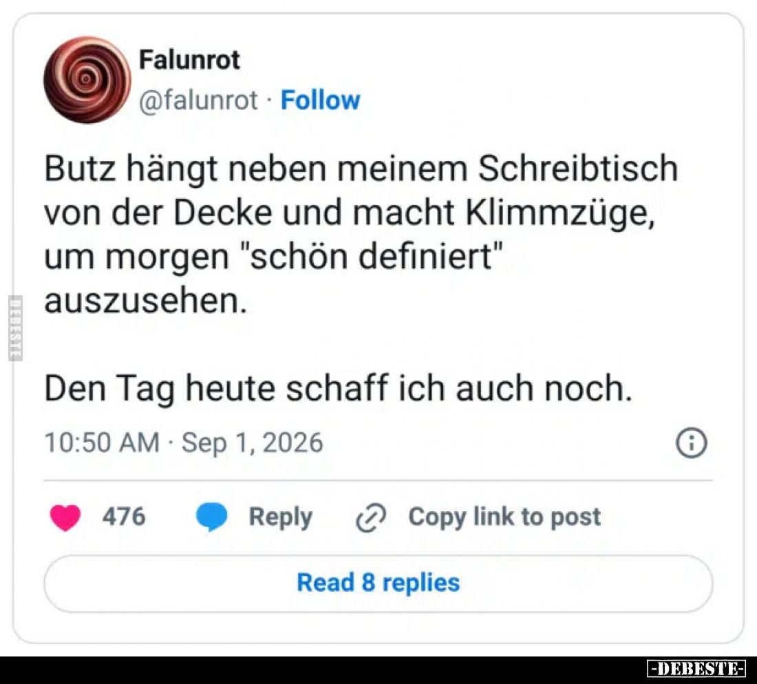 Butz hängt neben meinem Schreibtisch von der Decke und macht Klimmzüge, um morgen "schön definiert" auszusehen.

...