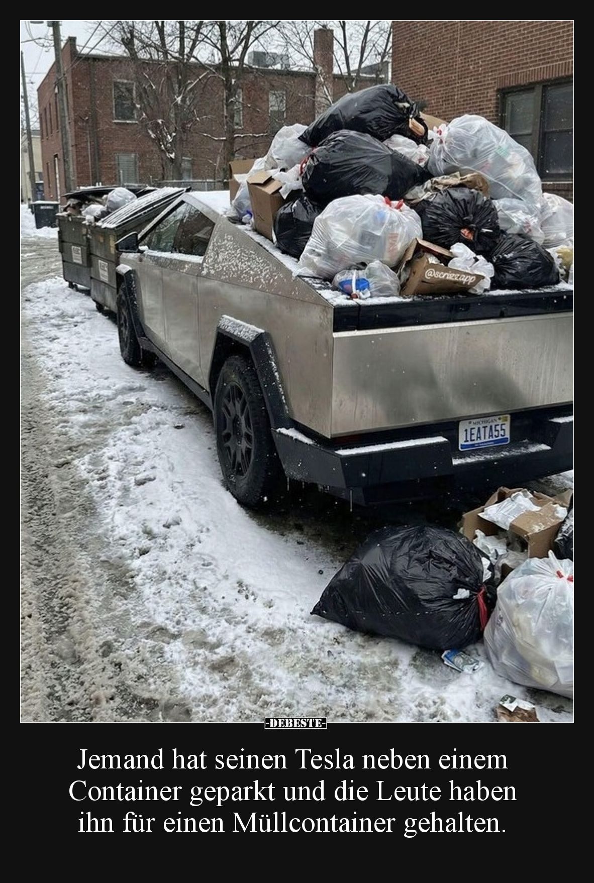 Jemand hat seinen Tesla neben einem Container geparkt und die Leute haben ihn für einen Müllcontainer gehalten.