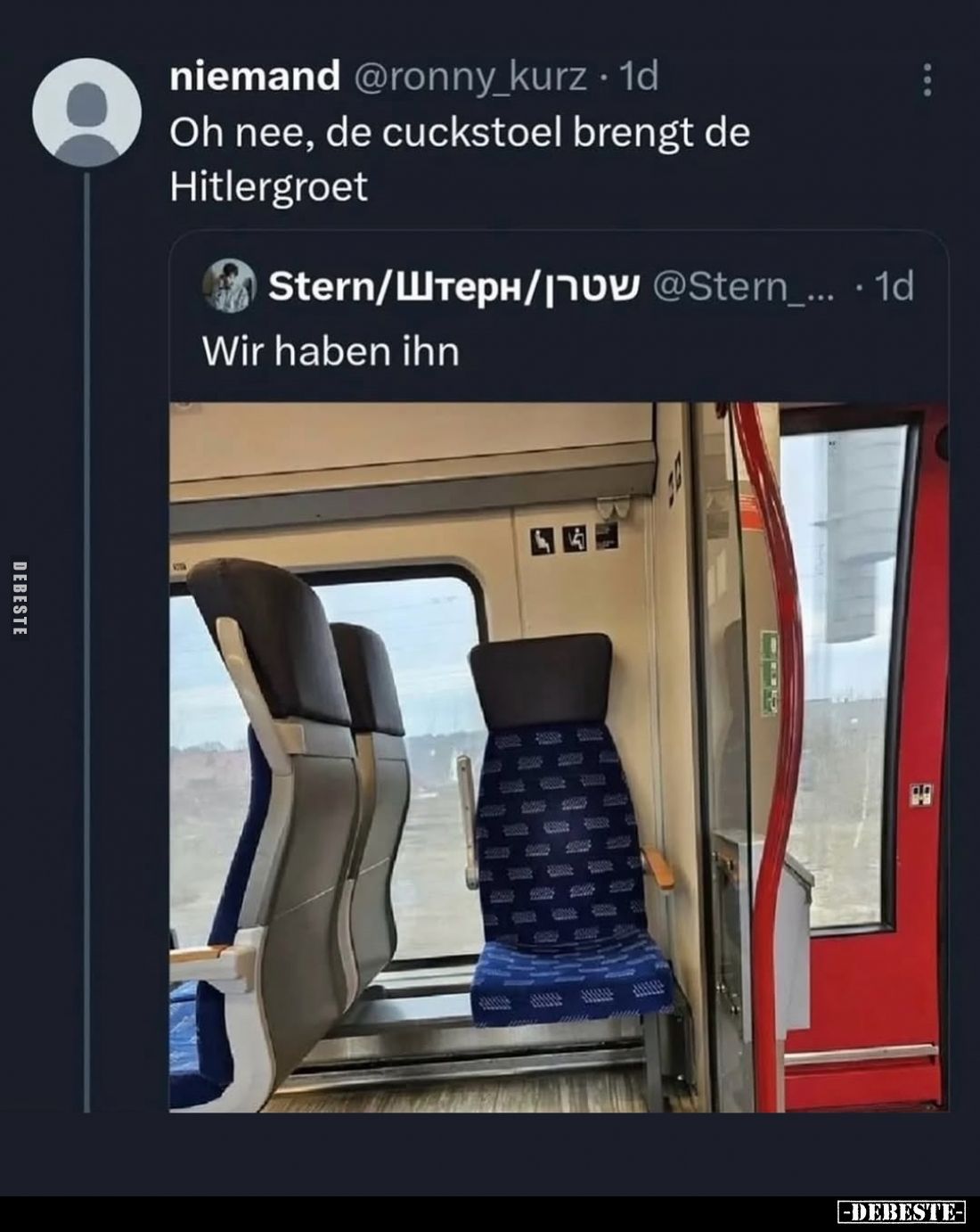 Oh nee, de cuckstoel brengt de Hitlergroet.