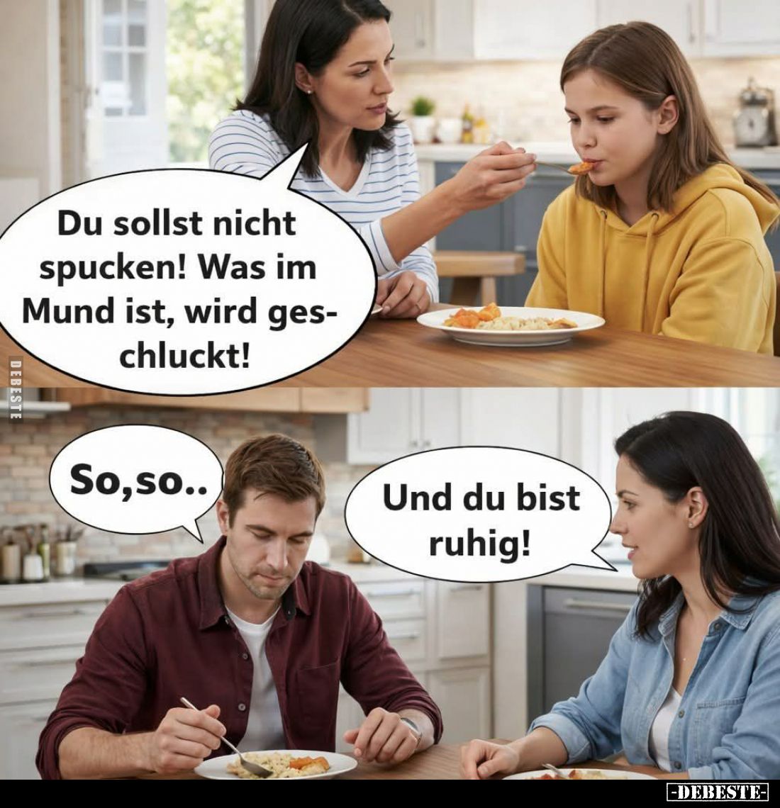 Du sollst nicht spucken! Was im Mund ist, wird geschluckt! -
So,so.. -
Und du bist ruhig!