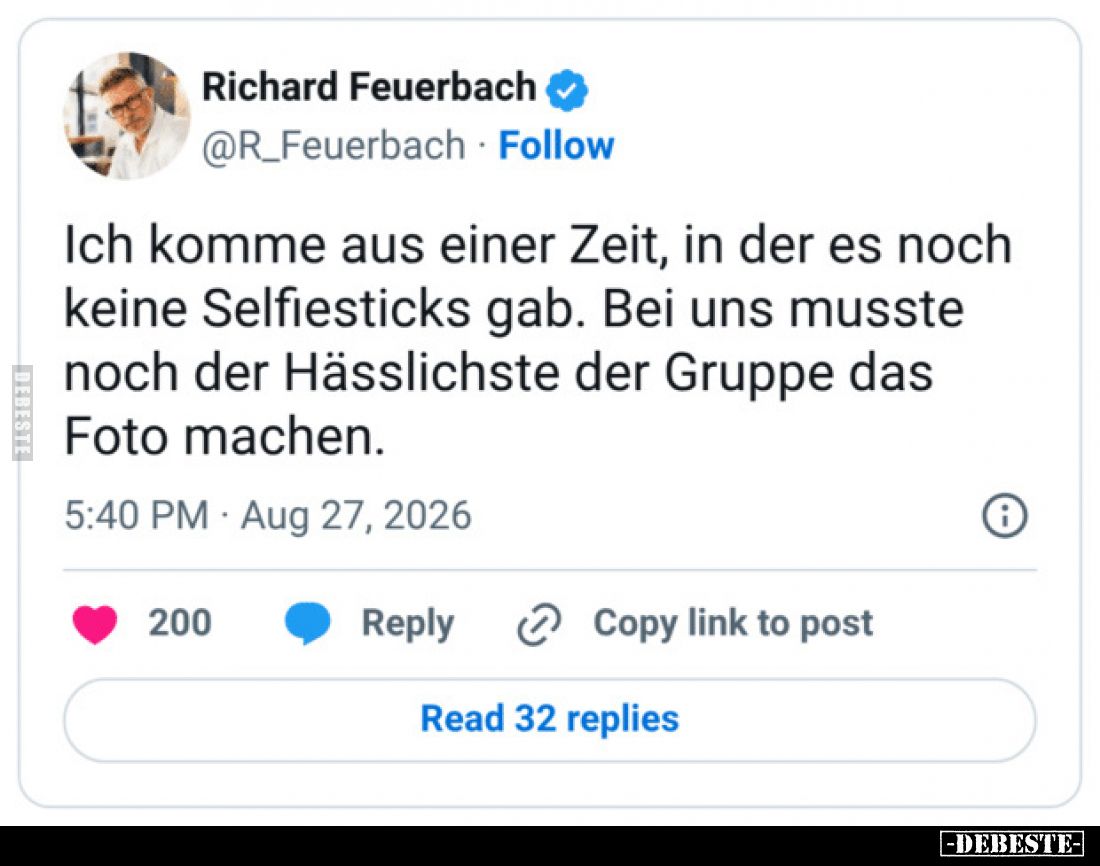 Ich komme aus einer Zeit, in der es noch keine Selfiesticks gab. Bei uns musste noch der Hässlichste der Gruppe das Foto mach...