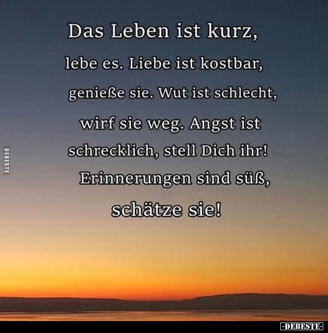 Das Leben ist kurz, lebe es. Liebe ist kostbar, genieße sie. Wut ist schlecht, wirf sie weg. Angst ist schrecklich, stell Dic...