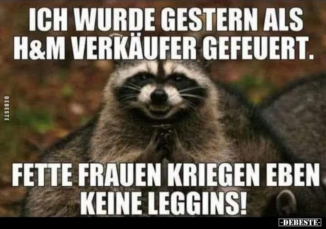 Ich wurde gestern als H&M Verkäufer gefeuert.
Fette Frauen kriegen eben keine Leggins!