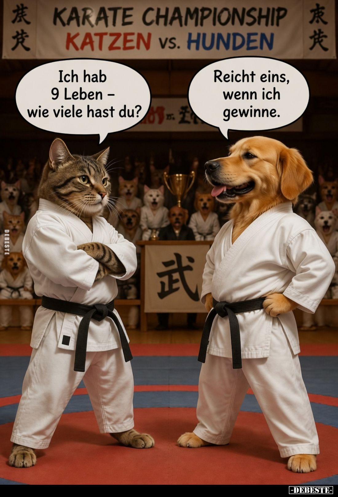 KARATE CHAMPIONSHIP - 
KATZEN vs. HUNDEN.

Ich hab 9 Leben – wie viele hast du?
 - 
Reicht eins, wenn ich gewinne.