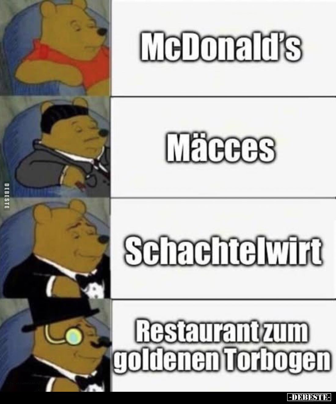 McDonald's
-
Mäcces
-
Schachtelwirt
-
Restaurant zum goldenen Torbogen
