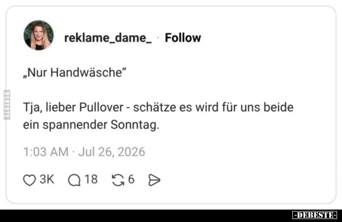 „Nur Handwäsche“
 - 
Tja, lieber Pullover - schätze es wird für uns beide ein spannender Sonntag.
Odpowiedzi wygenerowane ...