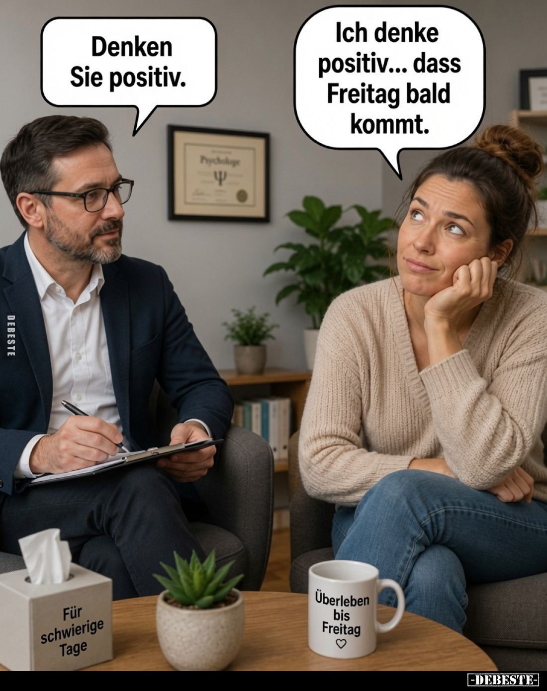 Denken Sie positiv.
Ich denke positiv... dass Freitag bald kommt.