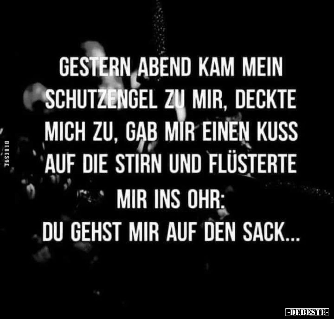 Gestern Abend kam mein Schutzengel zu mir, deckte mich zu, gab mir einen Kuss auf die Stirn und flüsterte mir ins Ohr:
Du ge...