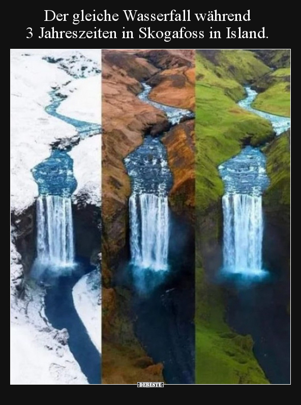 Der gleiche Wasserfall während 3 Jahreszeiten in Skogafoss..