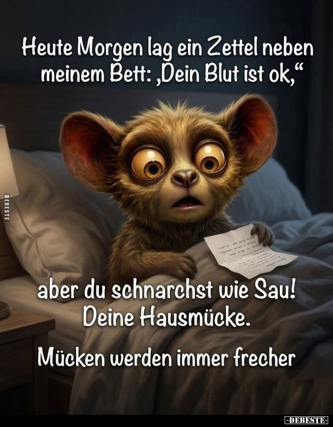Heute Morgen lag ein Zettel neben meinem Bett: "Dein Blut ist ok,"
aber du schnarchst wie Sau!
Deine Hausmücke.
...