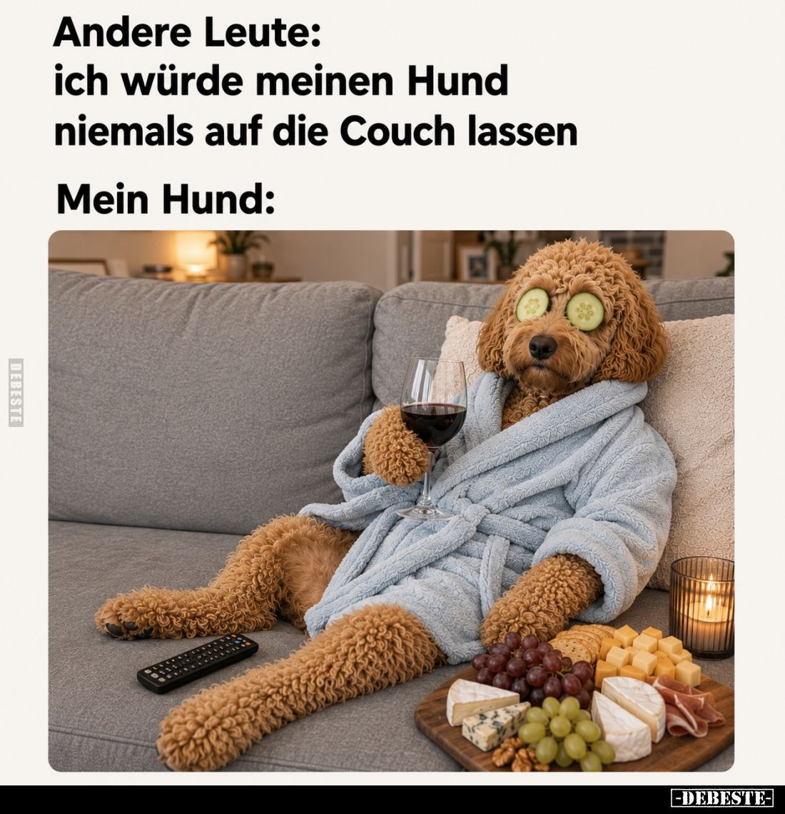 Andere Leute:
ich würde meinen Hund niemals auf die Couch lassen./
Mein Hund: